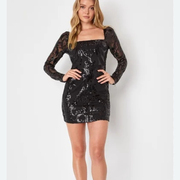 Lulus Ultimate Glow Black Sequin Sheer Sleeve Mini Dress Size XL Homecoming HOCO - Picture 1 of 12